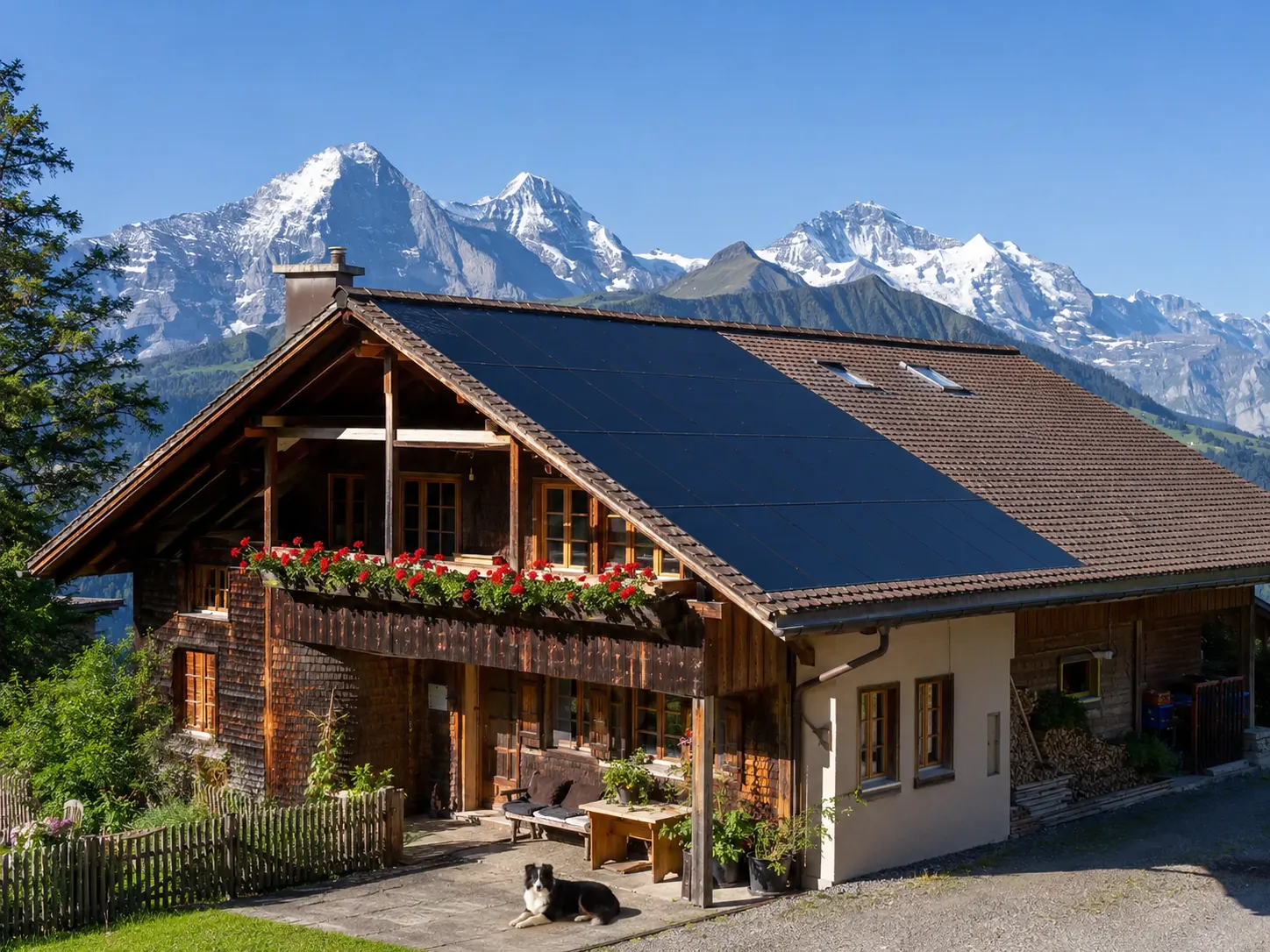 Berner-Oberland-Bauernhaus mit Meyer Burger Black PV-Modulen, Border-Collie und Eiger-Hintergrund