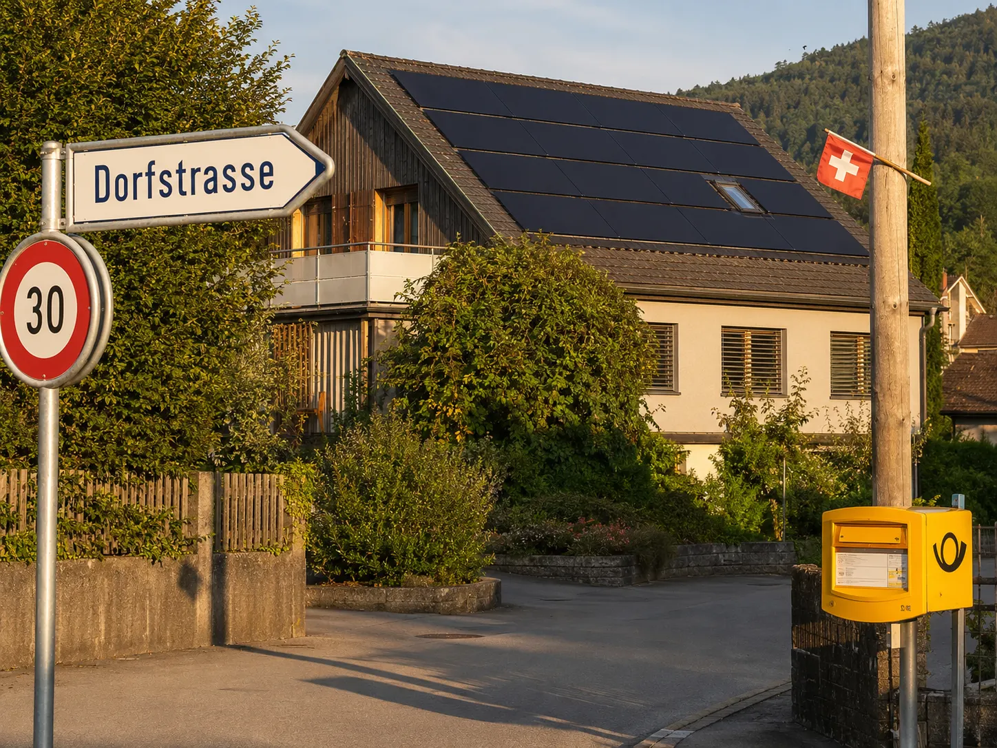 Schweizer Dorfstrasse mit Meyer-Burger-Modulen auf einem Wohnhaus, Schweizer Fahne und Postauto-Briefkasten