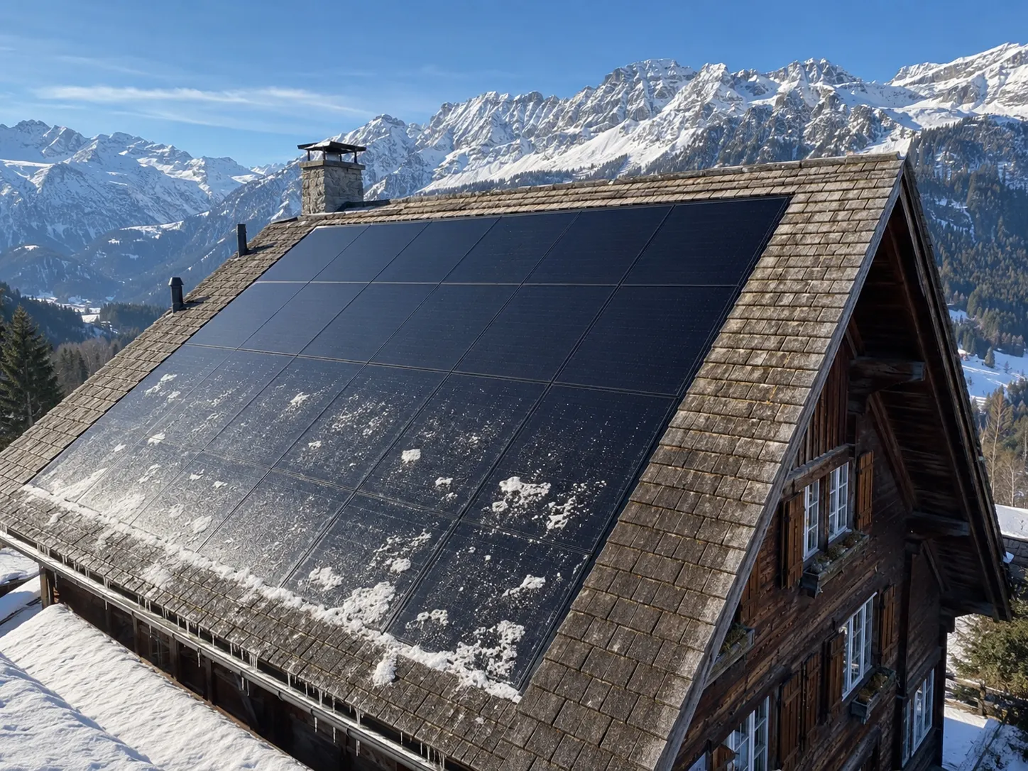 Indach-PV-Anlage auf einem Berner-Oberland-Holzhaus mit Schneeresten und Alpen-Hintergrund