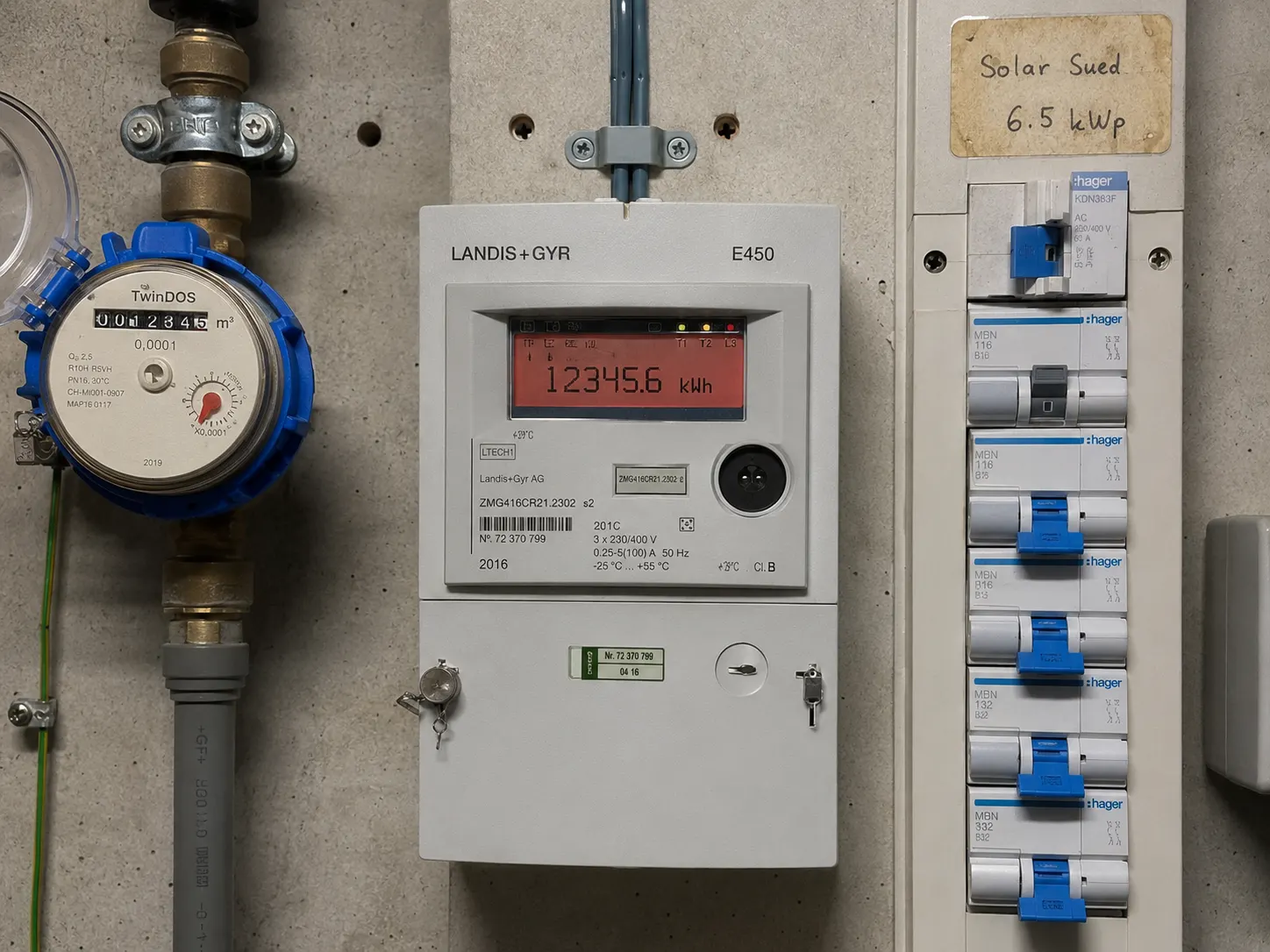Landis+Gyr E450 Smartmeter mit Hager MBN Sicherungsautomaten in einem Schweizer Hausanschlussraum