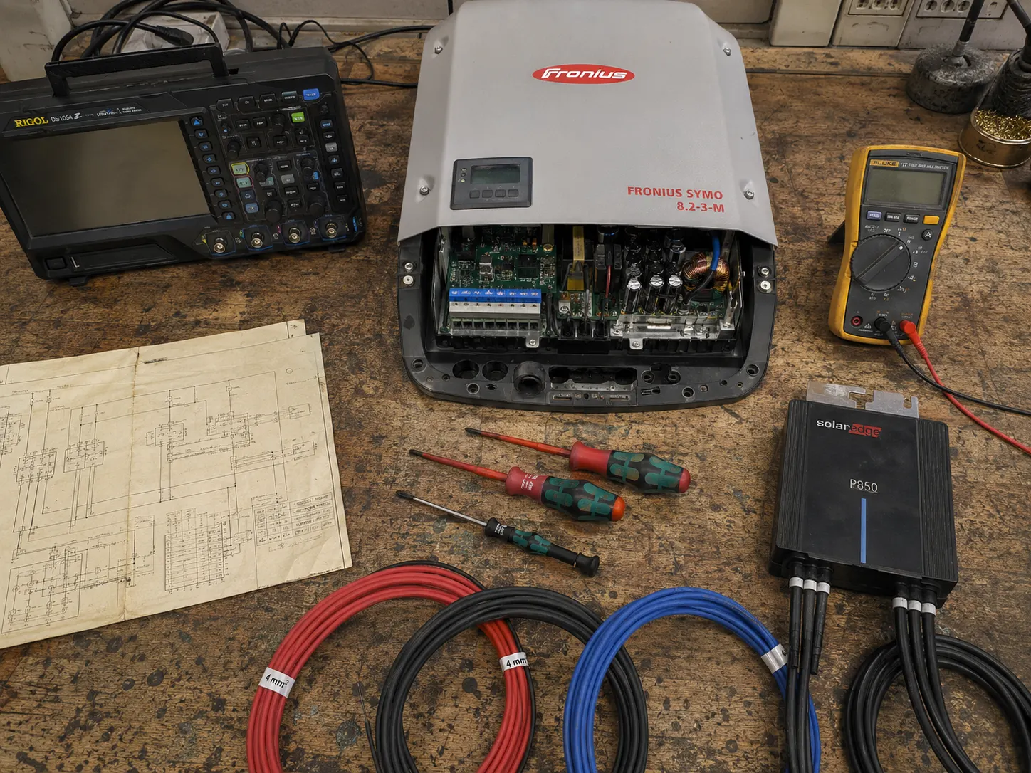 Werkstatt-Top-Down mit Fluke 117 Multimeter, Rigol DS1054Z Oszilloskop und Fronius Symo 8.2 Wechselrichter