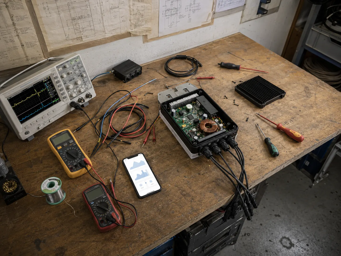 Werkbank in Schweizer Elektro-Werkstatt mit Oszilloskop, Multimeter und aufgeschraubtem Wechselrichter